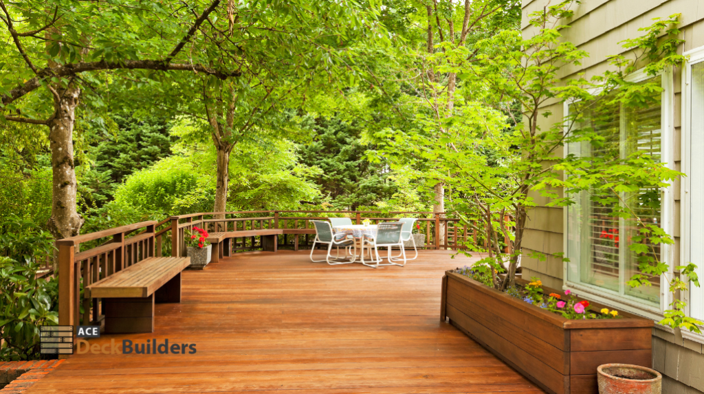 wooden deck around trees