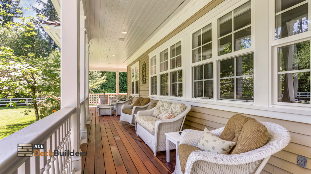 white rattan chairs outside deck