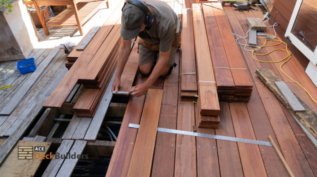 person measuring deck board
