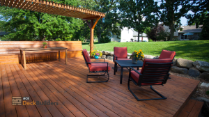 black steel red cushioned chairs and table on wooden deck